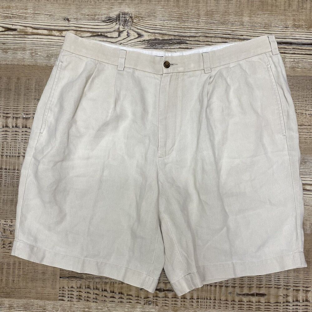 Brooks Brothers Shorts Mens 38 Light Beige Irish Linen Pleated Chino Preppy 8"